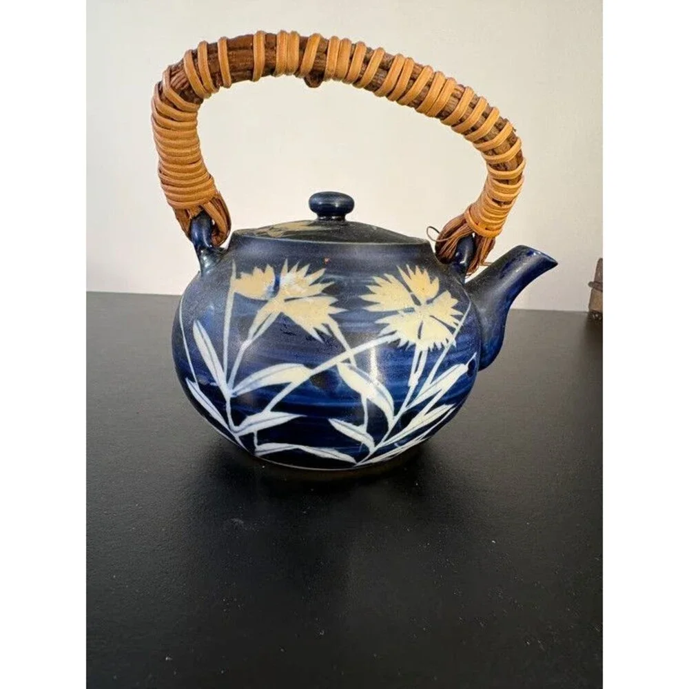 Japanese Dobin Teapot Cobalt Blue Wax Resist Lilies Rattan Handle Signed Lid